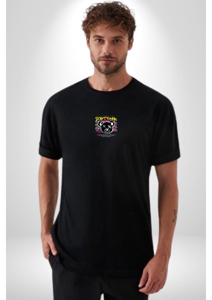 Panik Yok Teddy Siyah Oversize Kadın Erkek Ön Orta Minimal Baskılı T-Shirt