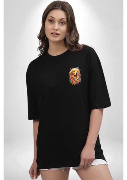 Golden Çiçekli Baby Face Siyah Oversize Kadın Erkek Ön Sol Yan Minimal Baskılı Tişört modelleri