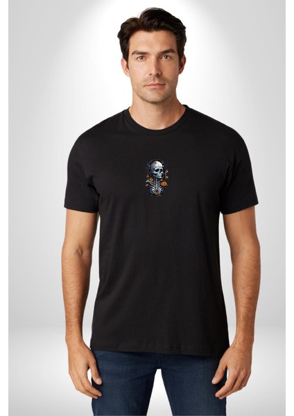 Cadılar Bayramı Kuru Kafa Siyah Oversize Kadın Erkek Ön Orta Minimal Baskılı T-Shirt fiyatları