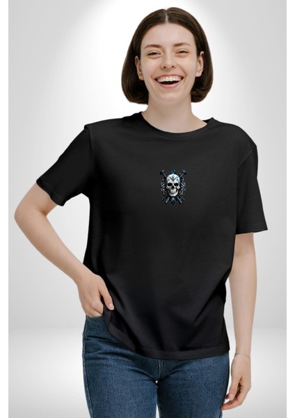 Kuru Kafa Yapay Zeka Tasarım Siyah Oversize Kadın Erkek Ön Orta Minimal Baskılı T-Shirt