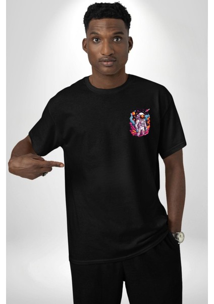 Ay Mars Astronot Siyah Oversize Kadın Erkek Ön Sol Yan Minimal Baskılı Tişört