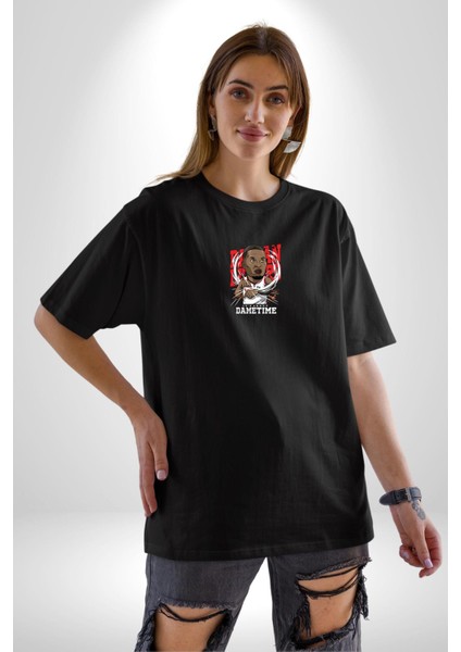 Basketbol Oyun Zamanı Siyah Oversize Kadın Erkek Ön Orta Minimal Baskılı T-Shirt modelleri