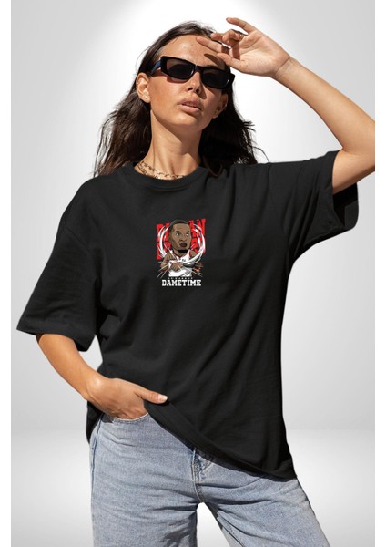 Basketbol Oyun Zamanı Siyah Oversize Kadın Erkek Ön Orta Minimal Baskılı T-Shirt indirimleri