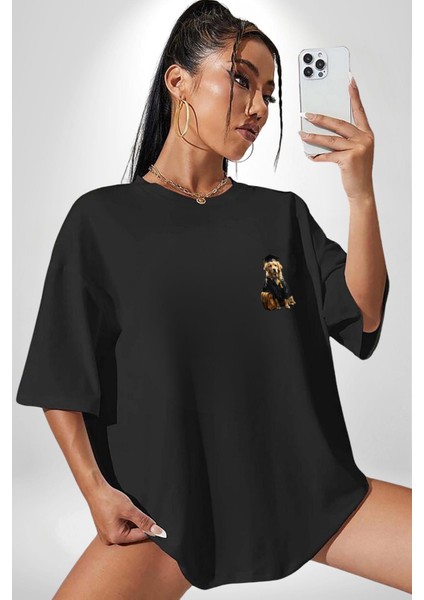 Okula Giden Öğrenci Golden Siyah Oversize Kadın Erkek Ön Sol Yan Minimal Baskılı Tişört modelleri