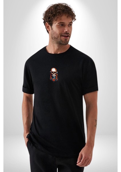 Müzik Kulaklık Takan Kurukafa Kırmızı Gül Siyah Oversize Kadın Erkek Ön Orta Minimal Baskılı T-Shirt
