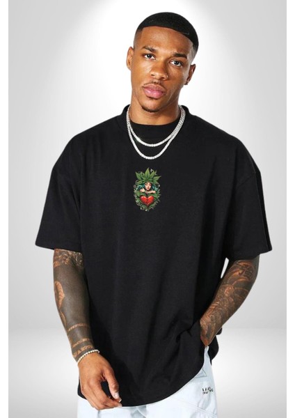 Kalp Parmak Kız Yeşillik Mutluluk Siyah Oversize Kadın Erkek Ön Orta Minimal Baskılı T-Shirt indirimleri