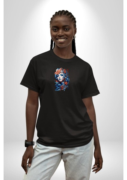 Kızlar Modası Dövme Çiçek Siyah Oversize Kadın Erkek Ön Orta Minimal Baskılı T-Shirt indirimleri