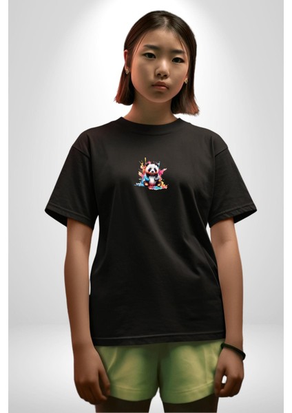 Renkli Yavru Panda Siyah Oversize Kadın Erkek Ön Orta Minimal Baskılı T-Shirt fiyatları
