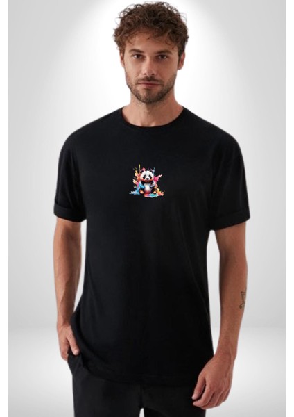 Renkli Yavru Panda Siyah Oversize Kadın Erkek Ön Orta Minimal Baskılı T-Shirt modelleri
