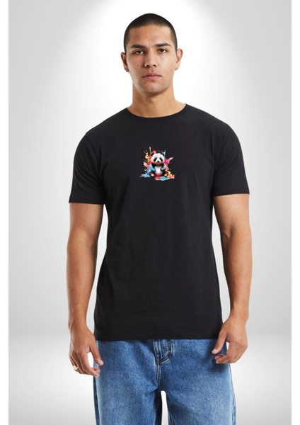 Renkli Yavru Panda Siyah Oversize Kadın Erkek Ön Orta Minimal Baskılı T-Shirt fırsatları