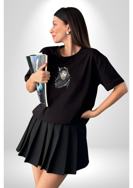 Safari Kedi Şal Eşarp Siyah Oversize Kadın Erkek Ön Orta Minimal Baskılı T-Shirt