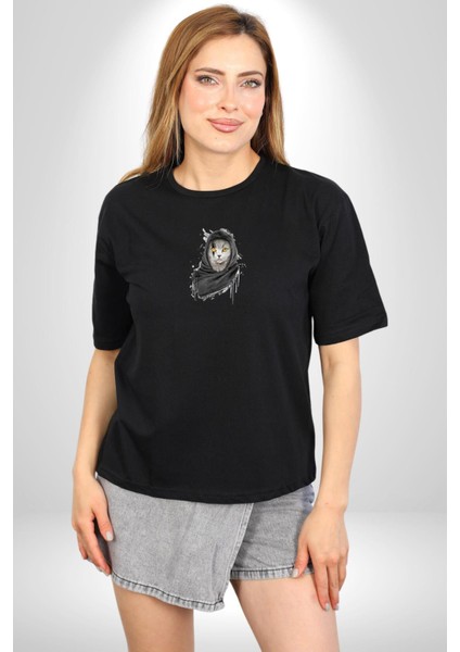 Safari Kedi Şal Eşarp Siyah Oversize Kadın Erkek Ön Orta Minimal Baskılı T-Shirt
