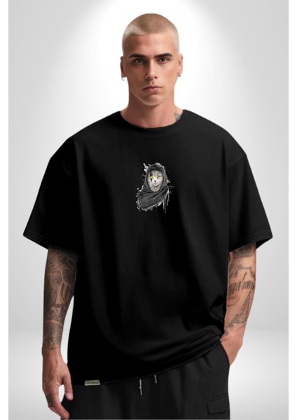 Safari Kedi Şal Eşarp Siyah Oversize Kadın Erkek Ön Orta Minimal Baskılı T-Shirt