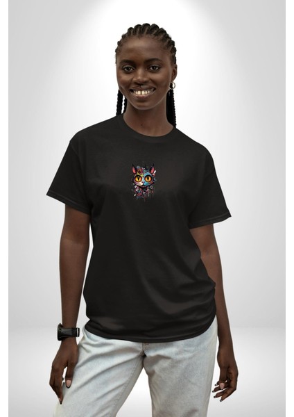 Meksikalı Alebrije Kedi Fütüristik Kedi Siyah Oversize Kadın Erkek Ön Orta Minimal Baskılı T-Shirt fiyatları
