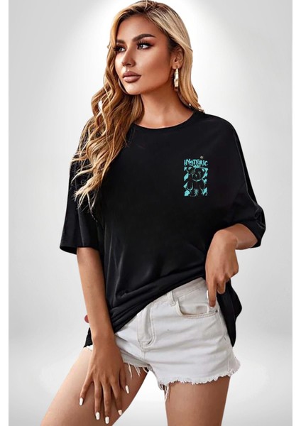 Histerik Siyah Oversize Kadın Erkek Ön Sol Yan Minimal Baskılı Tişört modelleri