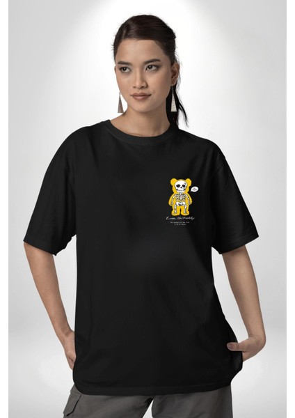 Mutlu Ol Siyah Oversize Kadın Erkek Ön Sol Yan Minimal Baskılı Tişört indirimleri