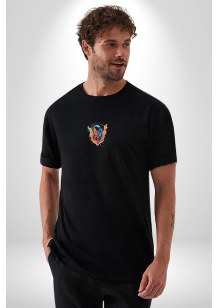 Bulutlar Astronot Uzay Siyah Oversize Kadın Erkek Ön Orta Minimal Baskılı T-Shirt fırsatları