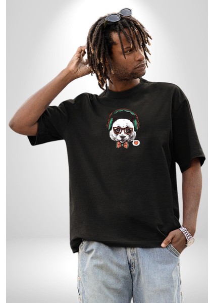 Kulaklıklı Hipster Portre Panda Siyah Oversize Kadın Erkek Ön Orta Minimal Baskılı T-Shirt modelleri