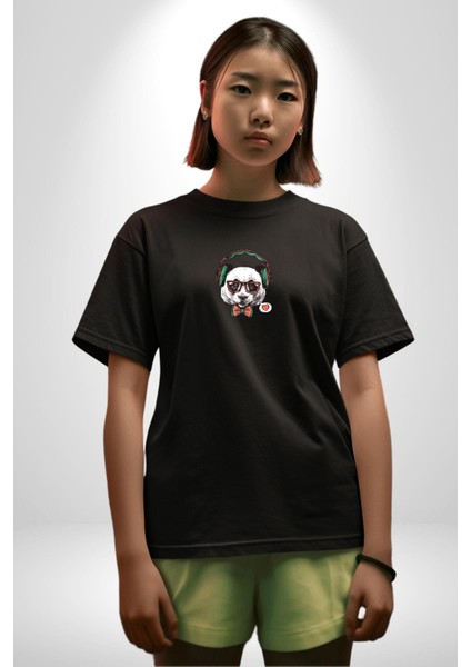Kulaklıklı Hipster Portre Panda Siyah Oversize Kadın Erkek Ön Orta Minimal Baskılı T-Shirt indirimleri