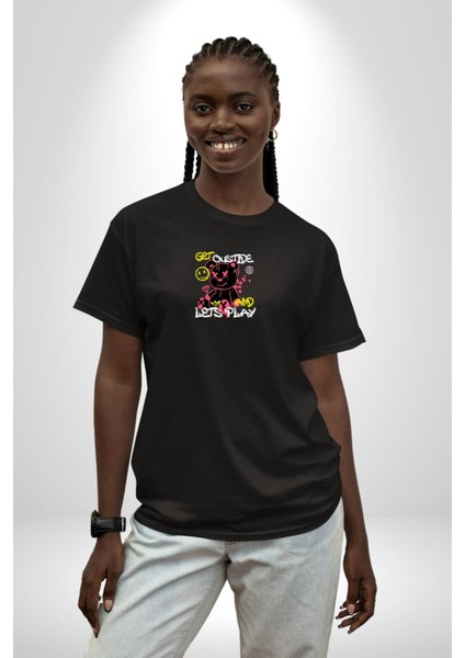 Dışarı Çık ve Oynayalım Teddy Siyah Oversize Kadın Erkek Ön Orta Minimal Baskılı T-Shirt modelleri