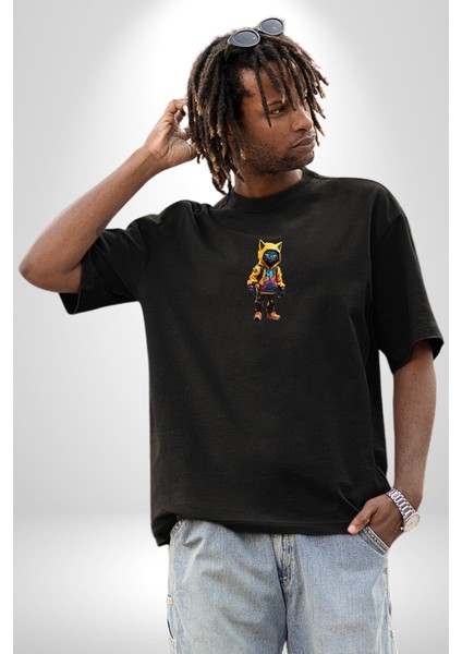 Spor Eşofman Takımı Sarı Kedi Insan Siyah Oversize Kadın Erkek Ön Orta Minimal Baskılı T-Shirt