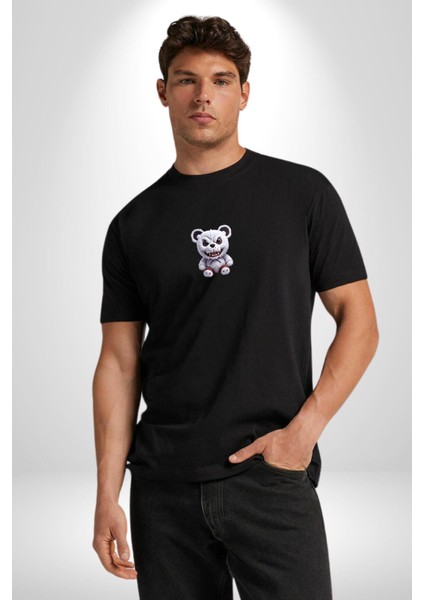 Freddy Korkunç Ayı Siyah Oversize Kadın Erkek Ön Orta Minimal Baskılı T-Shirt indirimleri