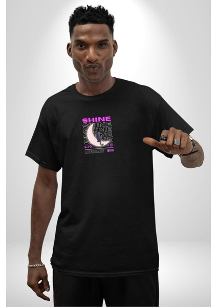 Parlayan Siyah Kedi Siyah Oversize Kadın Erkek Ön Orta Minimal Baskılı T-Shirt fiyatları