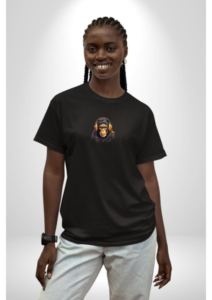 Maymun Altın Kulaklık Müzik Siyah Oversize Kadın Erkek Ön Orta Minimal Baskılı T-Shirt
