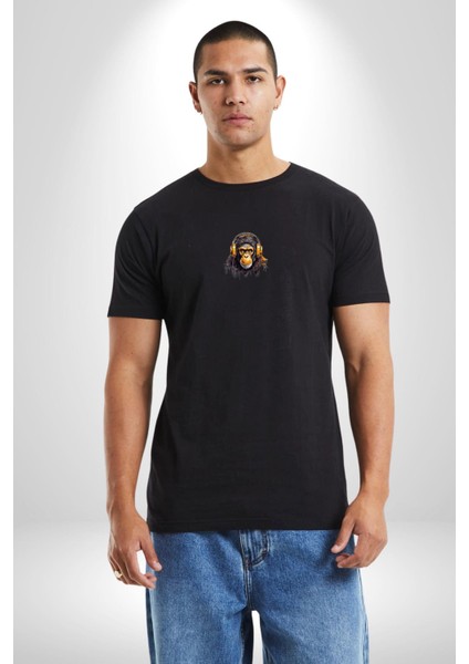 Maymun Altın Kulaklık Müzik Siyah Oversize Kadın Erkek Ön Orta Minimal Baskılı T-Shirt fırsatları