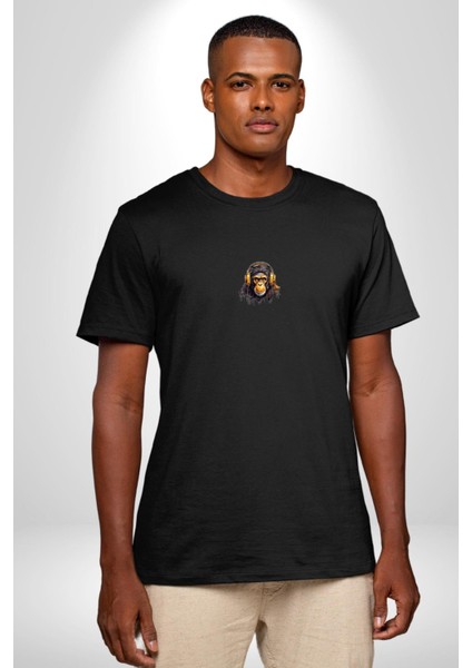 Maymun Altın Kulaklık Müzik Siyah Oversize Kadın Erkek Ön Orta Minimal Baskılı T-Shirt indirimleri