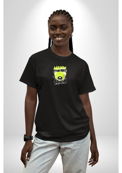 Sık Sık Mutlu Gülmek Teddy Bear Siyah Oversize Kadın Erkek Ön Orta Minimal Baskılı T-Shirt