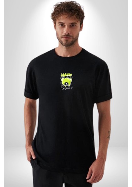 Sık Sık Mutlu Gülmek Teddy Bear Siyah Oversize Kadın Erkek Ön Orta Minimal Baskılı T-Shirt modelleri