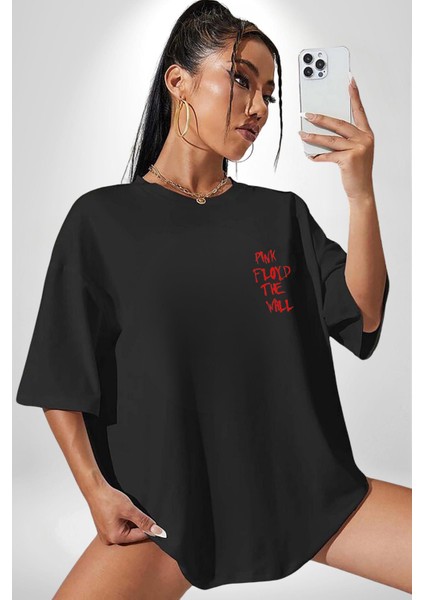 Pink Floyd The Wall Siyah Oversize Kadın Erkek Ön Sol Yan Minimal Baskılı Tişört indirimleri