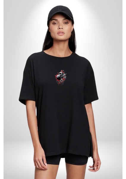Çiçekli Goril Doğa Siyah Oversize Kadın Erkek Ön Orta Minimal Baskılı T-Shirt modelleri