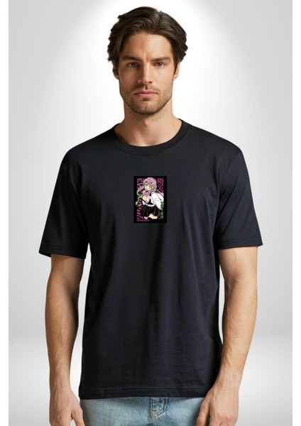 Anime Demon Slayer Kimetsu No Yaiba Mitsuri Kanroji Siyah Oversize Kadın Erkek Ön Orta Minimal Baskılı T-Shirt fiyatları