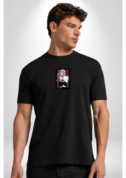 Anime Demon Slayer Kimetsu No Yaiba Mitsuri Kanroji Siyah Oversize Kadın Erkek Ön Orta Minimal Baskılı T-Shirt modelleri