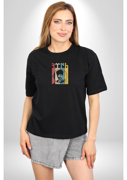 Atatürk Imzalı Türk Logo Siyah Oversize Kadın Erkek Ön Orta Minimal Baskılı T-Shirt