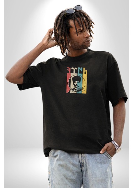 Atatürk Imzalı Türk Logo Siyah Oversize Kadın Erkek Ön Orta Minimal Baskılı T-Shirt fırsatları