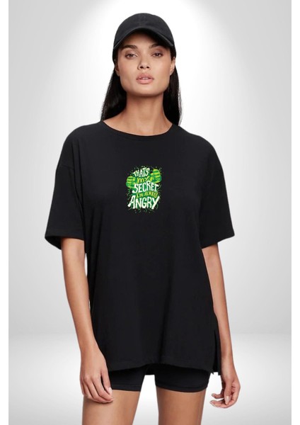Bu Benim Sırrım Her Zaman Kızgınım Siyah Oversize Kadın Erkek Ön Orta Minimal Baskılı T-Shirt modelleri