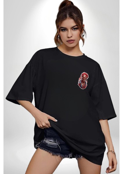 Zombi Kırmızı The Walking Dead Siyah Oversize Kadın Erkek Ön Sol Yan Minimal Baskılı Tişört indirimleri