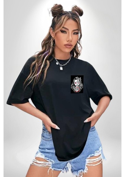 Anime Demon Slayer Siyah Oversize Kadın Erkek Ön Sol Yan Minimal Baskılı Tişört