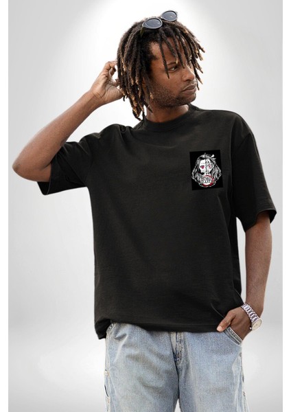 Anime Demon Slayer Siyah Oversize Kadın Erkek Ön Sol Yan Minimal Baskılı Tişört indirimleri