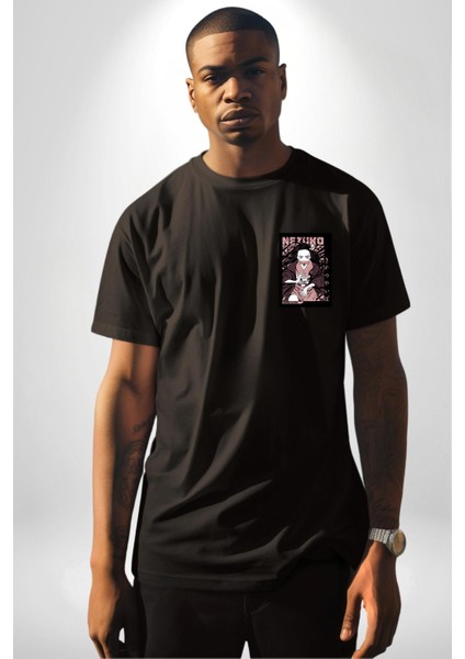 Nezuko Demon Slayer Siyah Oversize Kadın Erkek Ön Sol Yan Minimal Baskılı Tişört fiyatları