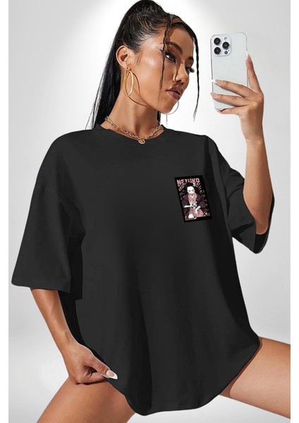 Nezuko Demon Slayer Siyah Oversize Kadın Erkek Ön Sol Yan Minimal Baskılı Tişört indirimleri