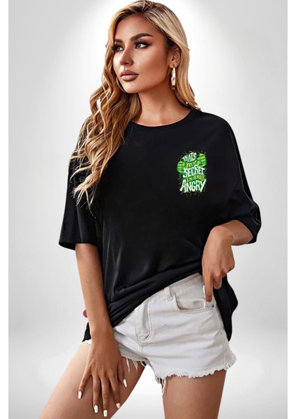 Bu Benim Sırrım Her Zaman Kızgınım Siyah Oversize Kadın Erkek Ön Sol Yan Minimal Baskılı Tişört