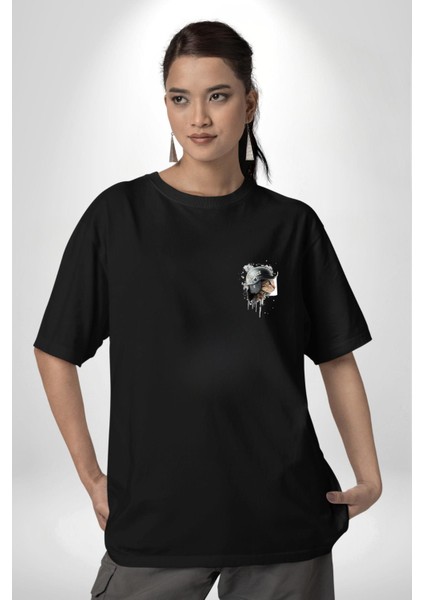 Kaket Polis Kedi Siyah Oversize Kadın Erkek Ön Sol Yan Minimal Baskılı Tişört indirimleri