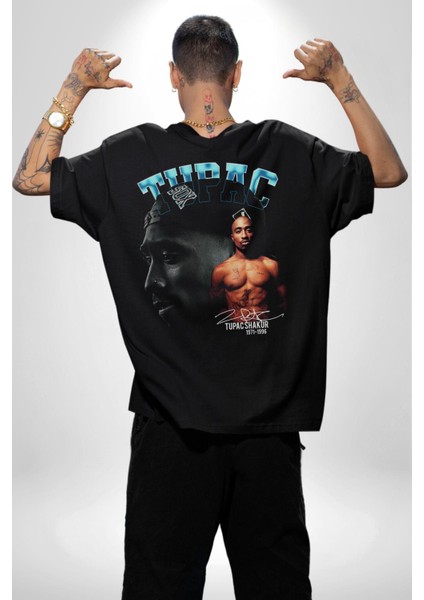 Tupac Müzik Pamuklu Kadın Erkek Oversize Sırt Dijital Baskılı Siyah T-Shirt