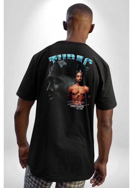 Tupac Müzik Pamuklu Kadın Erkek Oversize Sırt Dijital Baskılı Siyah T-Shirt fiyatları