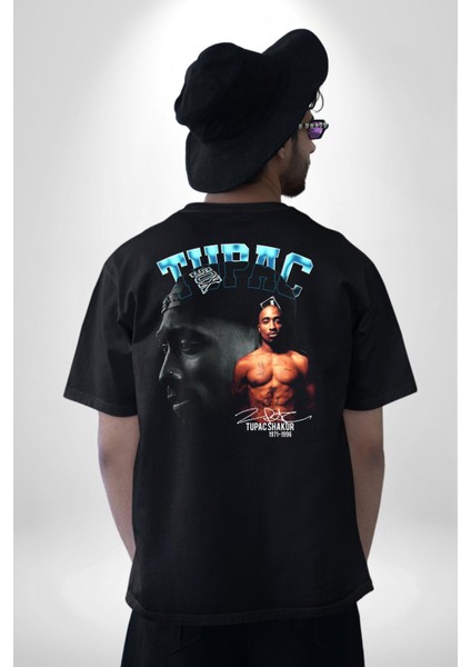 Tupac Müzik Pamuklu Kadın Erkek Oversize Sırt Dijital Baskılı Siyah T-Shirt modelleri
