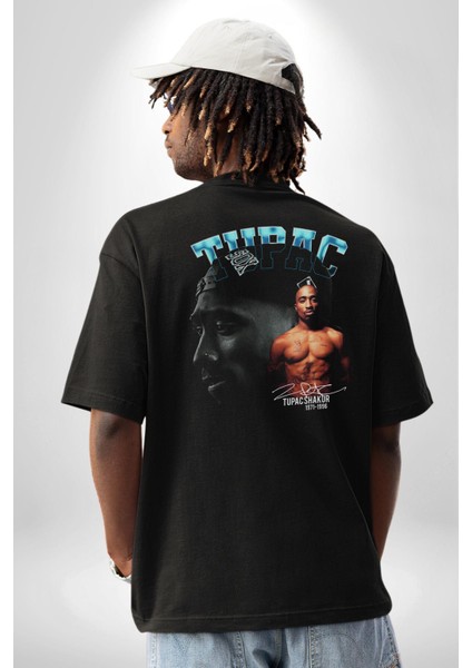 Tupac Müzik Pamuklu Kadın Erkek Oversize Sırt Dijital Baskılı Siyah T-Shirt fırsatları